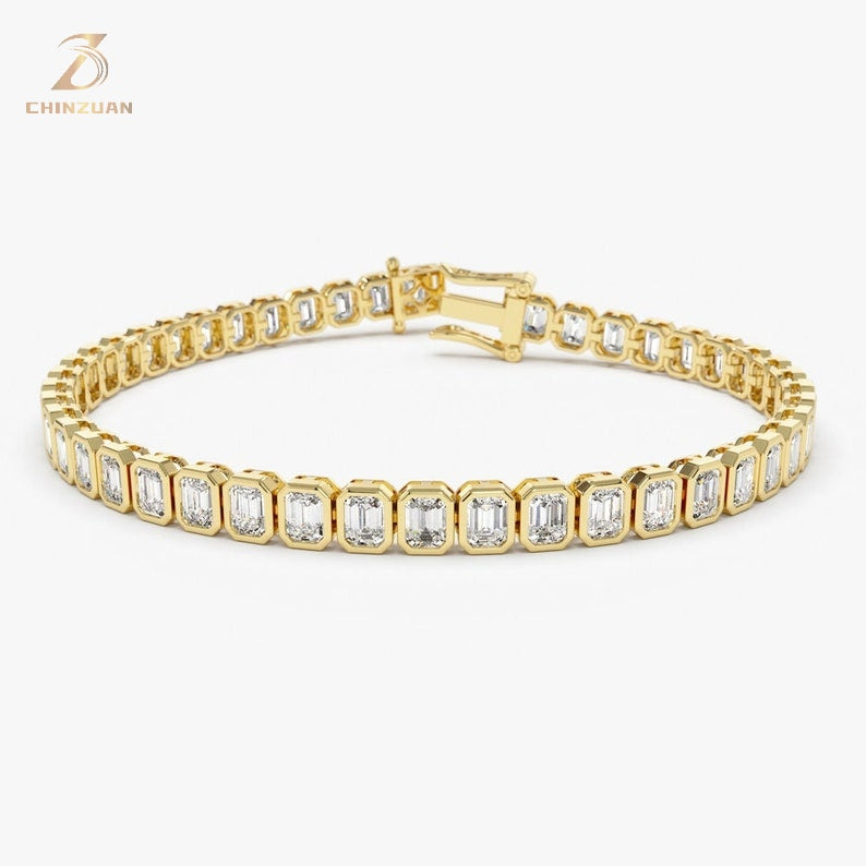 9K Gold Emerald-Cut Diamond Tennis Bracelet — view 1