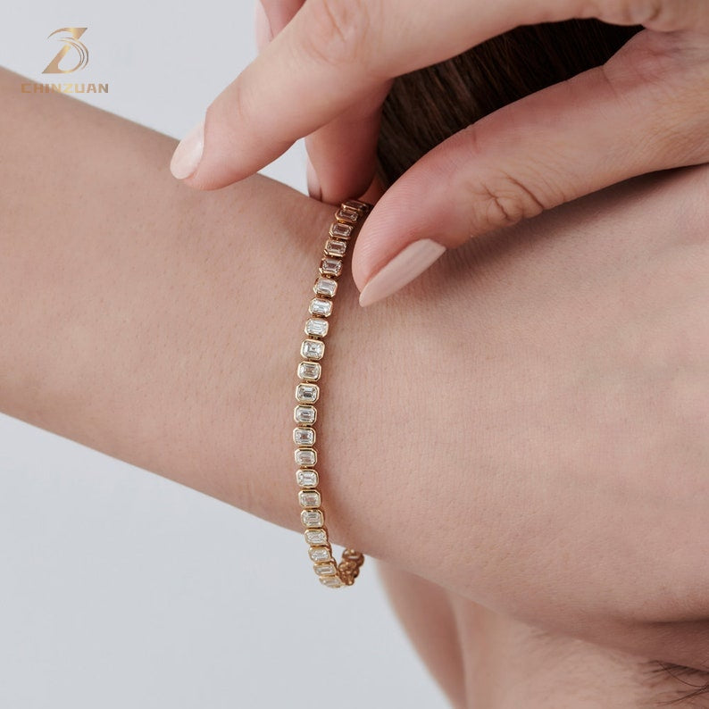 9K Gold Emerald-Cut Diamond Tennis Bracelet — view 2