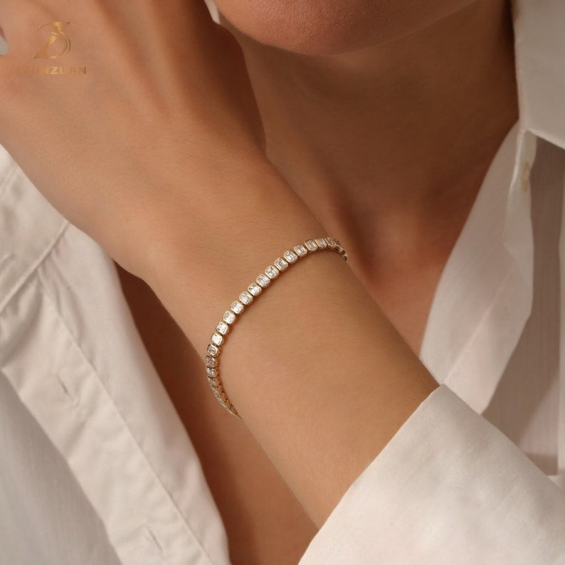 9K Gold Emerald-Cut Diamond Tennis Bracelet — view 5