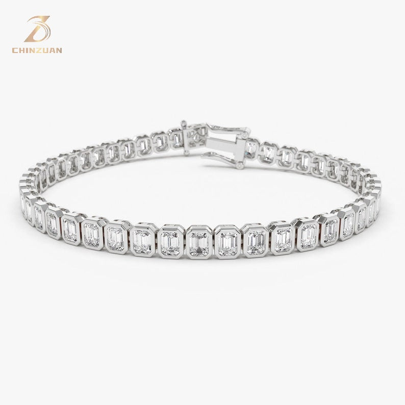 9K Gold Emerald-Cut Diamond Tennis Bracelet — view 7